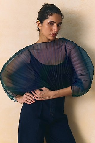 Blue & Green Organza Pleated Bodysuit by Zwaan