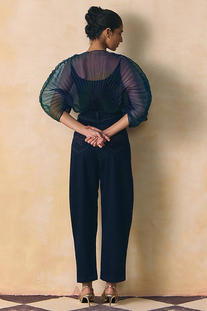 Blue & Green Organza Pleated Bodysuit by Zwaan at Pernia's Pop Up Shop