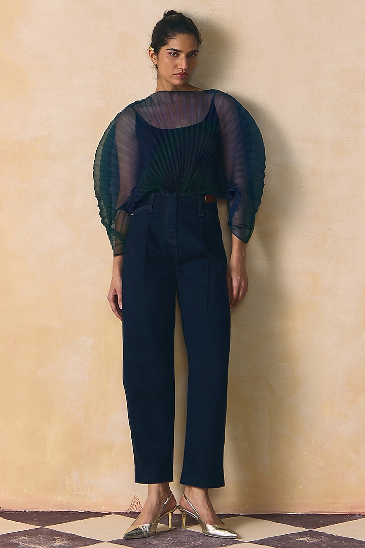 Blue & Green Organza Pleated Bodysuit by Zwaan at Pernia's Pop Up Shop