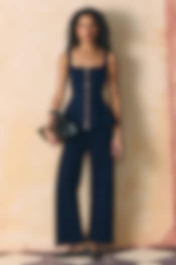 Indigo Elasticated Denim Panelled Peplum Top by Zwaan at Pernia's Pop Up Shop