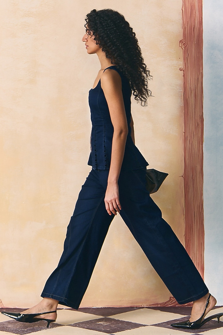 Indigo Elasticated Denim Panelled Peplum Top by Zwaan at Pernia's Pop Up Shop