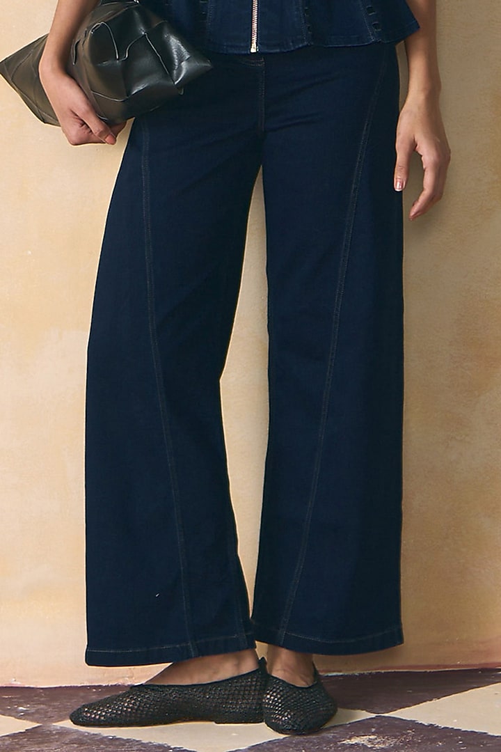 Indigo Elasticated Denim Straight-Fit Panelled Jeans by Zwaan at Pernia's Pop Up Shop