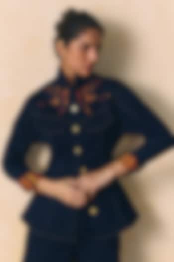 Indigo Elasticated Denim Embroidered Shirt by Zwaan at Pernia's Pop Up Shop