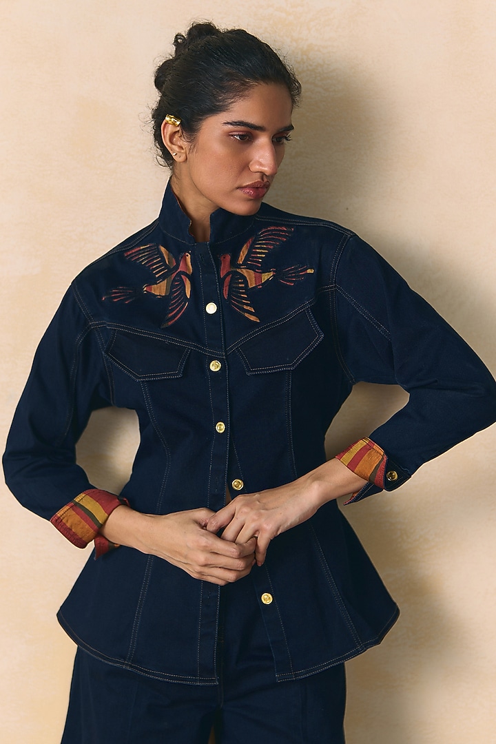Indigo Elasticated Denim Embroidered Shirt by Zwaan at Pernia's Pop Up Shop