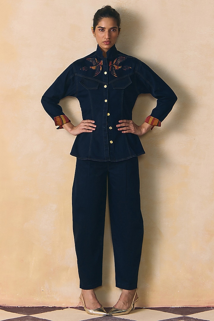 Indigo Elasticated Denim Embroidered Shirt by Zwaan at Pernia's Pop Up Shop