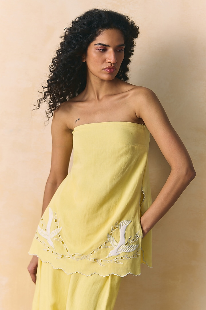 Yellow Viscose Linen Embroidered Tube Top by Zwaan at Pernia's Pop Up Shop