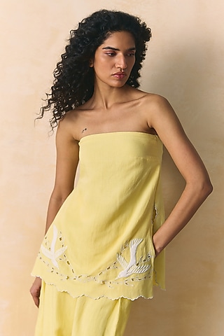 Yellow Viscose Linen Embroidered Tube Top by Zwaan