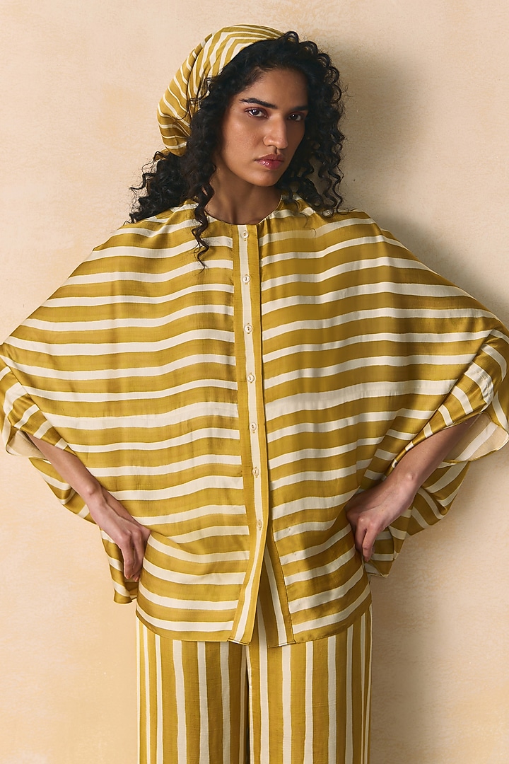 Mustard & Ivory Linen Satin Shirt by Zwaan at Pernia's Pop Up Shop