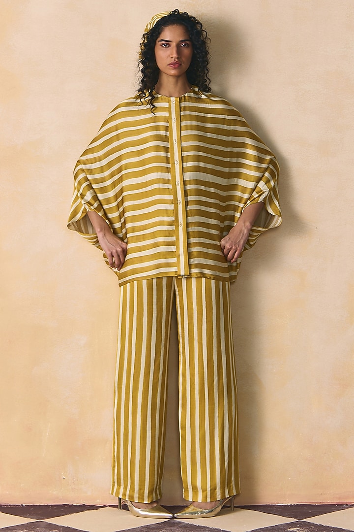 Mustard & Ivory Linen Satin Shirt by Zwaan at Pernia's Pop Up Shop