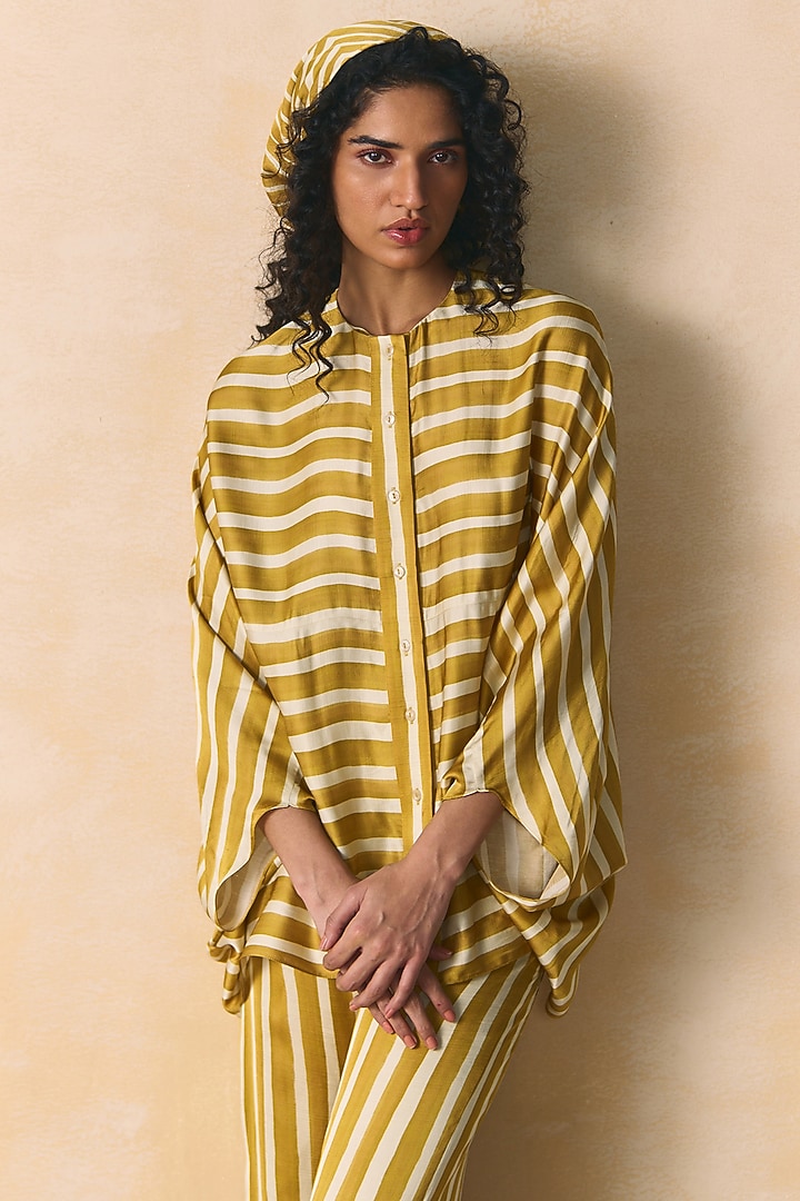 Mustard & Ivory Linen Satin Shirt by Zwaan at Pernia's Pop Up Shop