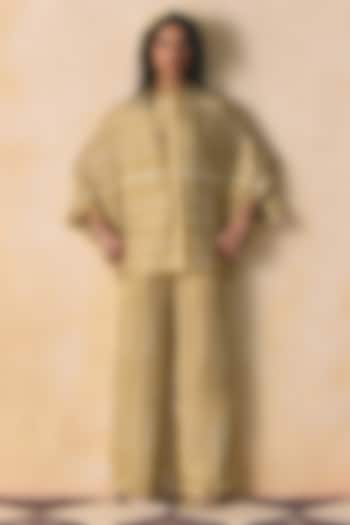 Mustard & Ivory Linen Satin Straight-Fit Pants by Zwaan at Pernia's Pop Up Shop