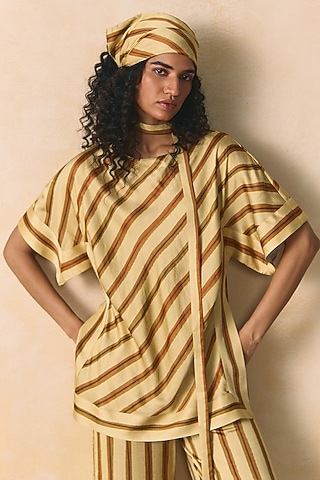 Beige Linen Satin Bias Top by Zwaan
