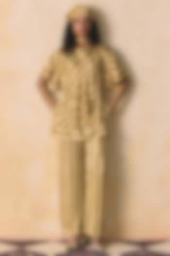 Beige Linen Satin Straight-Fit Pants by Zwaan at Pernia's Pop Up Shop