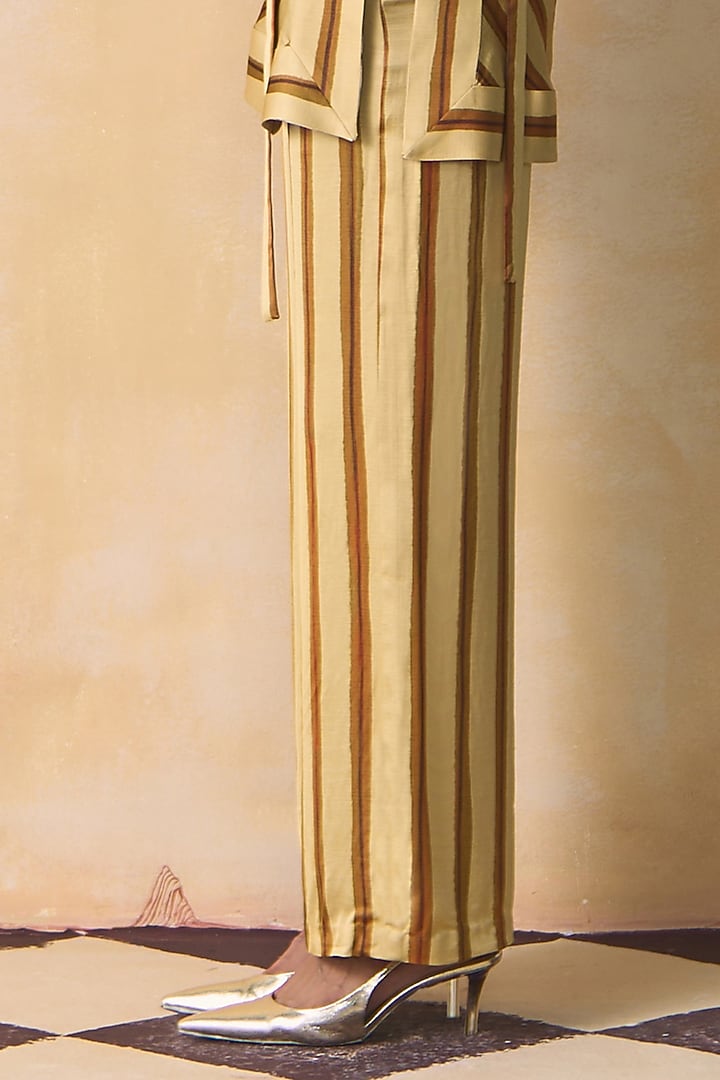 Beige Linen Satin Straight-Fit Pants by Zwaan at Pernia's Pop Up Shop
