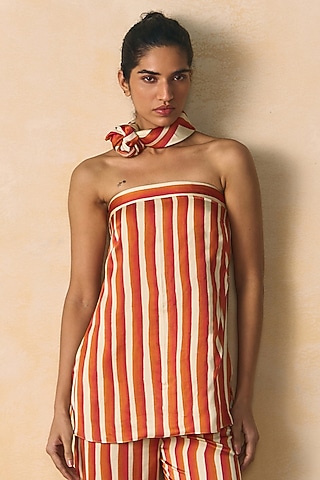 Orange & Ivory Linen Satin Tube Top by Zwaan