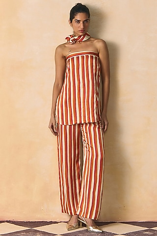 Orange & Ivory Linen Satin Straight-Fit Pants by Zwaan