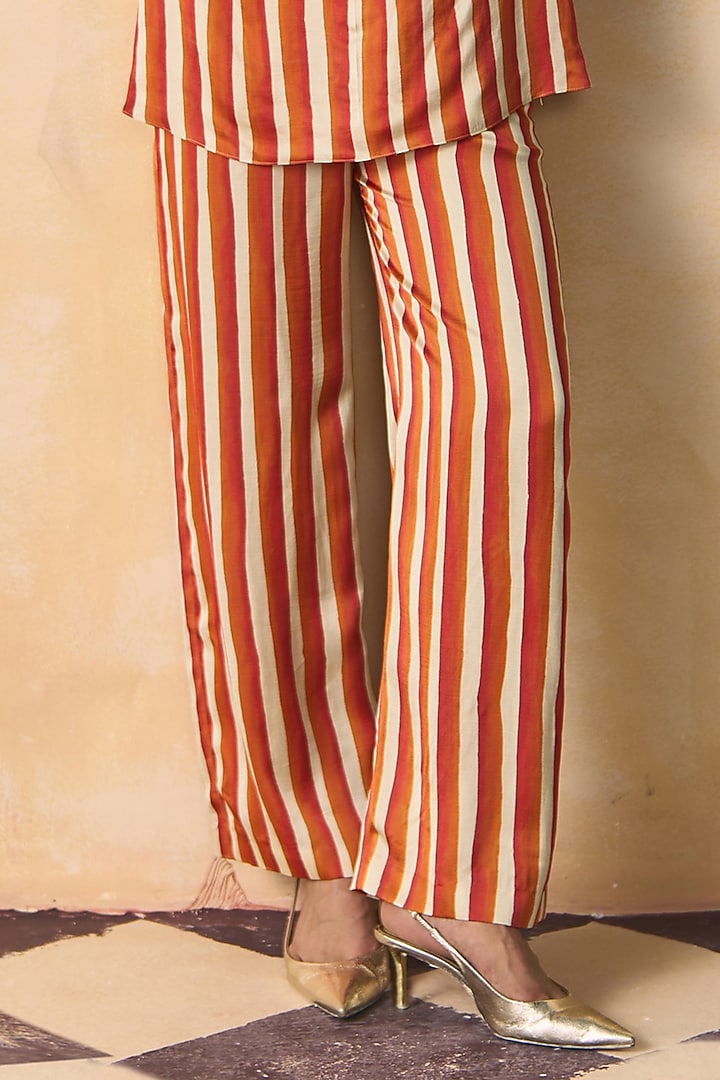 Orange & Ivory Linen Satin Straight-Fit Pants by Zwaan at Pernia's Pop Up Shop