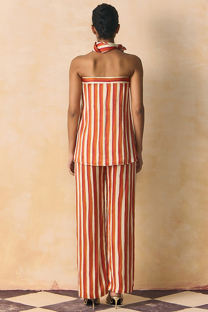 Orange & Ivory Linen Satin Straight-Fit Pants by Zwaan at Pernia's Pop Up Shop