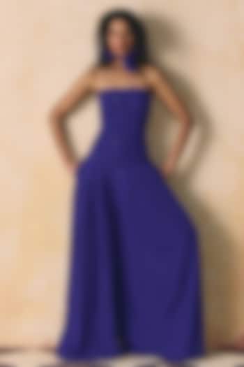 Blue Viscose Linen Embellished Tube Jumpsuit by Zwaan at Pernia's Pop Up Shop