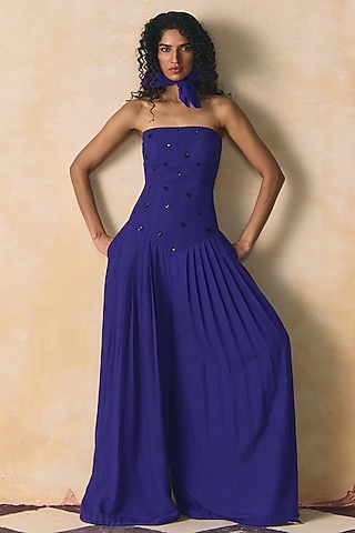 Blue Viscose Linen Embellished Tube Jumpsuit by Zwaan