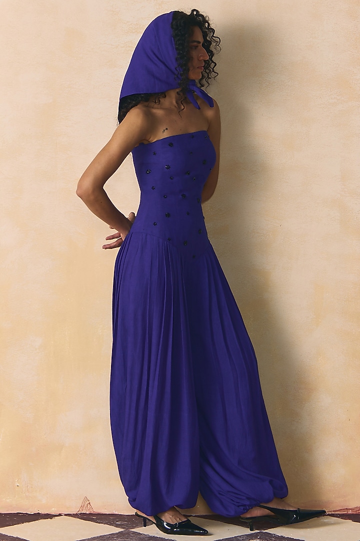 Blue Viscose Linen Embellished Tube Jumpsuit by Zwaan at Pernia's Pop Up Shop