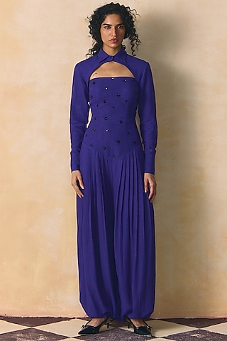 Blue Viscose Linen Collared Overlay by Zwaan
