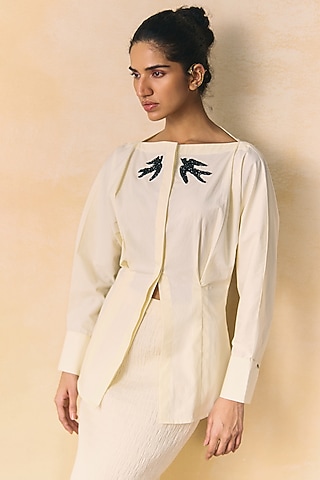 Ivory Cotton Poplin Embellished Shirt by Zwaan