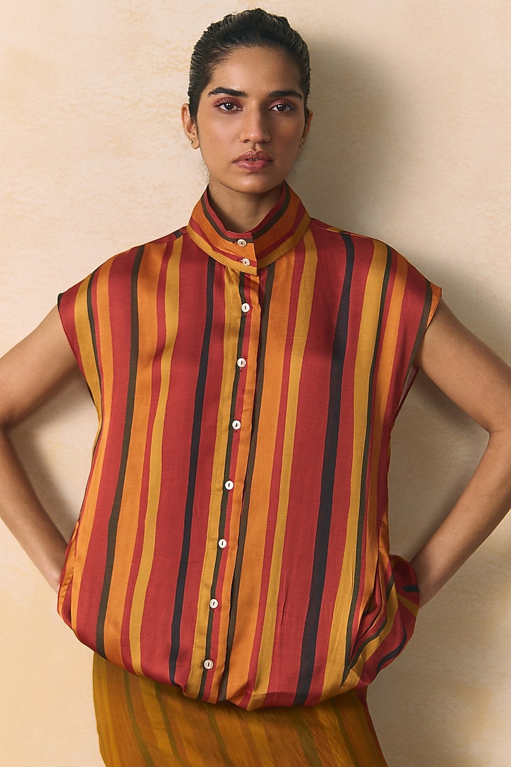 Multi-Colored Linen Satin Striped Shirt by Zwaan at Pernia's Pop Up Shop