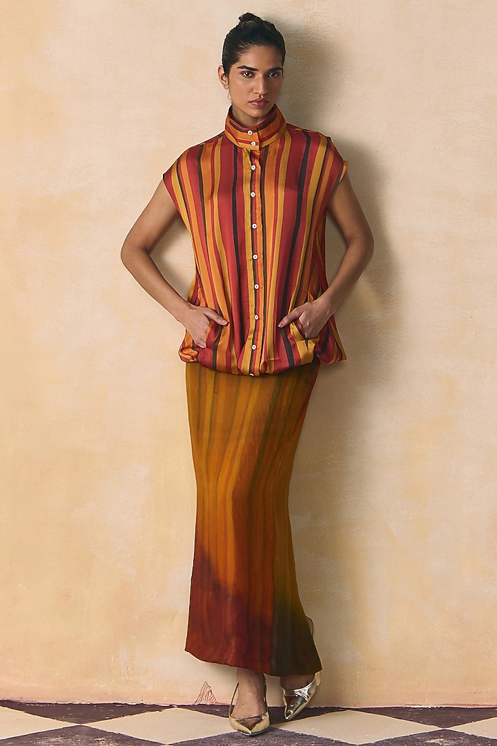 Olive & Burnt Orange Organza Skirt by Zwaan at Pernia's Pop Up Shop