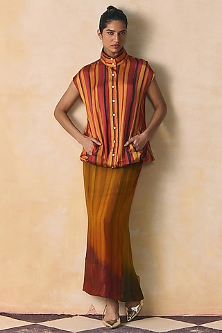 Olive & Burnt Orange Organza Skirt by Zwaan