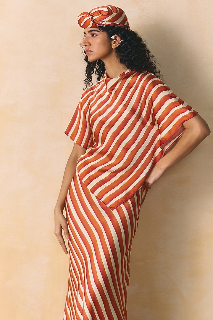 Orange & Ivory Linen Satin Bias Scarf Top by Zwaan at Pernia's Pop Up Shop