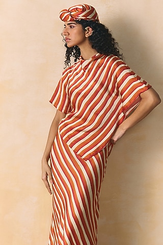 Orange & Ivory Linen Satin Bias Scarf Top by Zwaan