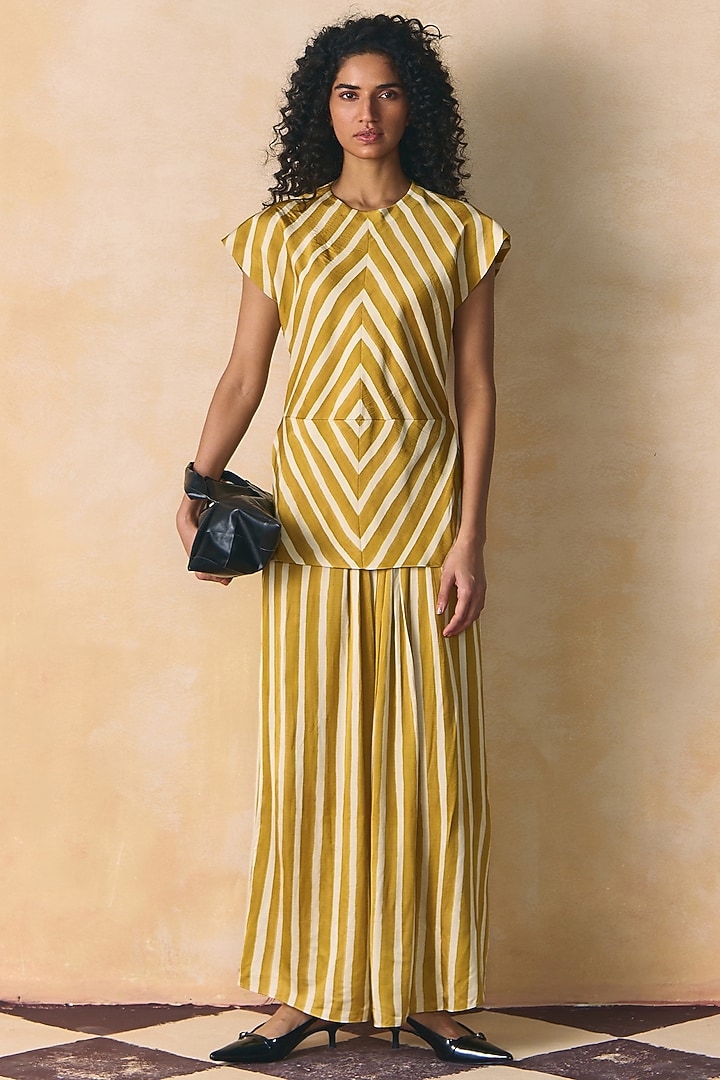 Mustard & Ivory Linen Satin Top by Zwaan at Pernia's Pop Up Shop