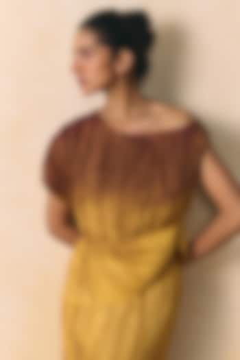 Brown & Yellow Armani Satin One-Shoulder Plisse Top by Zwaan at Pernia's Pop Up Shop