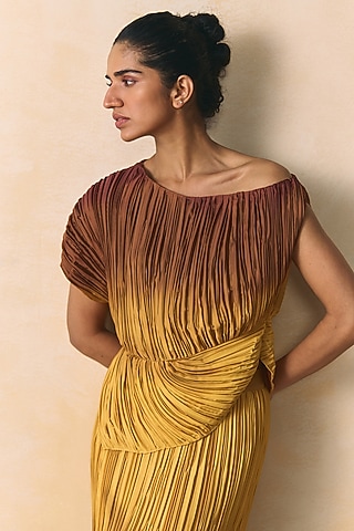 Brown & Yellow Armani Satin One-Shoulder Plisse Top by Zwaan