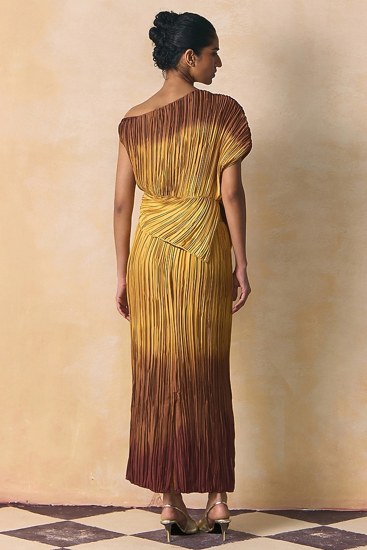 Brown & Yellow Armani Satin One-Shoulder Plisse Top by Zwaan at Pernia's Pop Up Shop