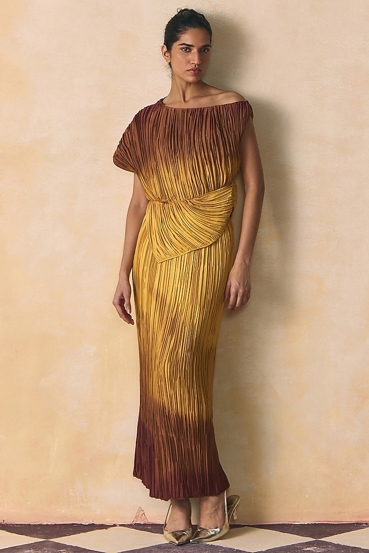 Brown & Yellow Armani Satin One-Shoulder Plisse Top by Zwaan at Pernia's Pop Up Shop