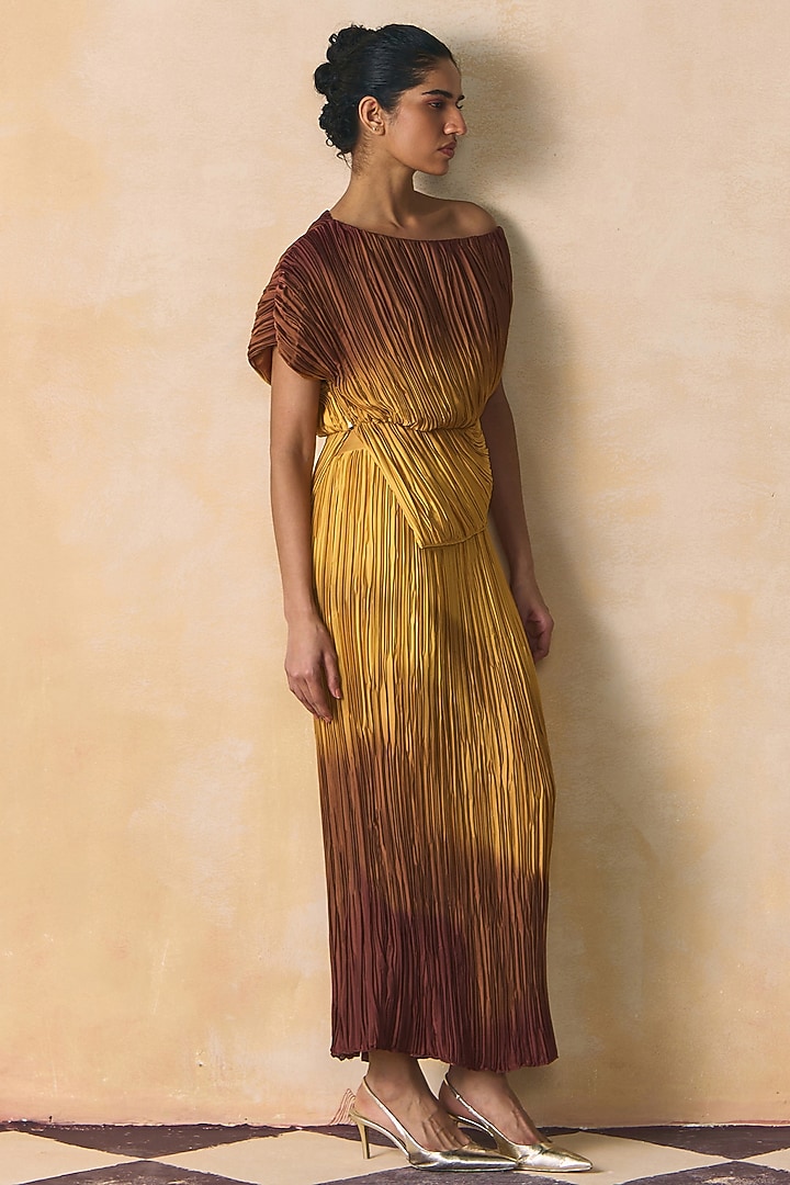 Brown & Yellow Armani Satin One-Shoulder Plisse Top by Zwaan at Pernia's Pop Up Shop