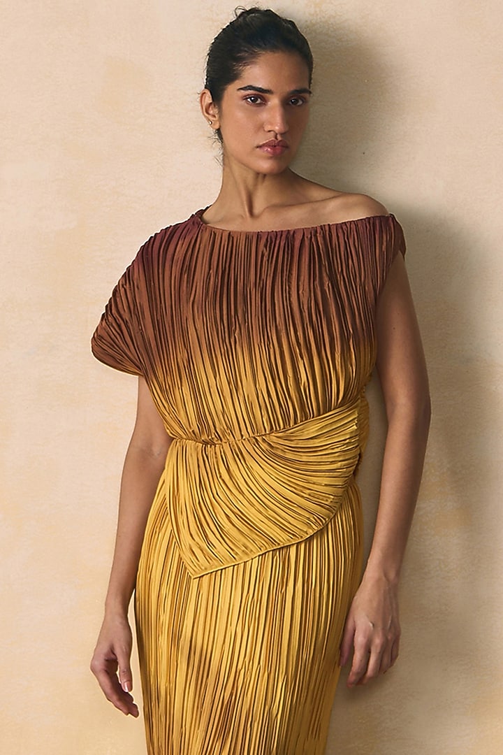 Brown & Yellow Armani Satin Skirt by Zwaan at Pernia's Pop Up Shop