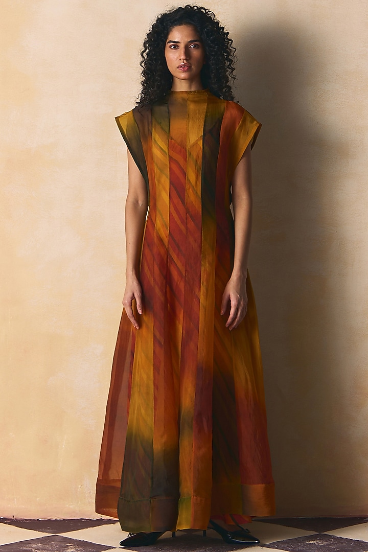 Olive & Burnt Orange Organza Vacation Dress by Zwaan at Pernia's Pop Up Shop