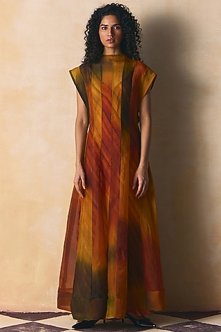 Olive & Burnt Orange Organza Dress by Zwaan