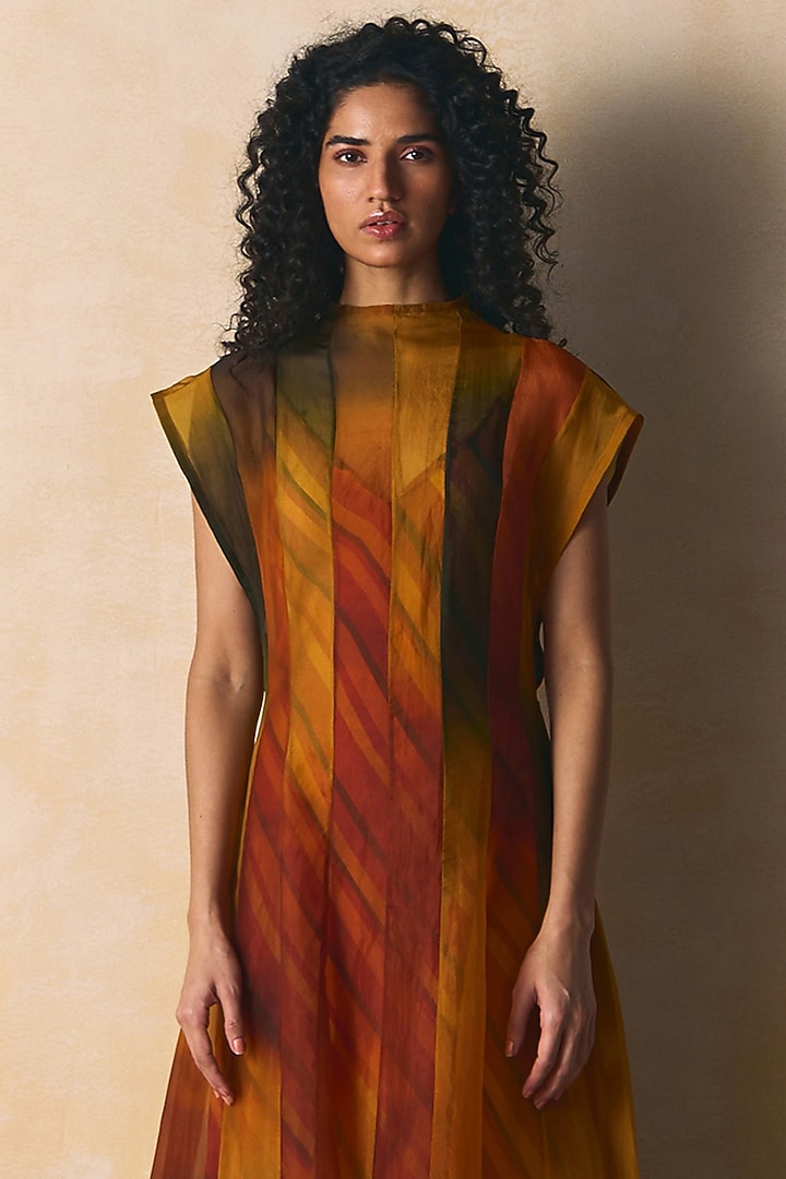 Olive & Burnt Orange Organza Vacation Dress by Zwaan at Pernia's Pop Up Shop