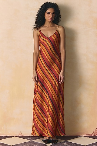 Multi-Colored Linen Satin Striped Dress by Zwaan