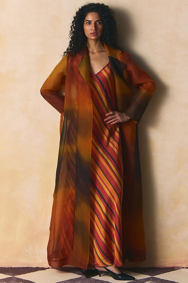Olive & Burnt Orange Organza Overcoat by Zwaan at Pernia's Pop Up Shop
