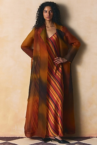 Olive & Burnt Orange Organza Overcoat by Zwaan