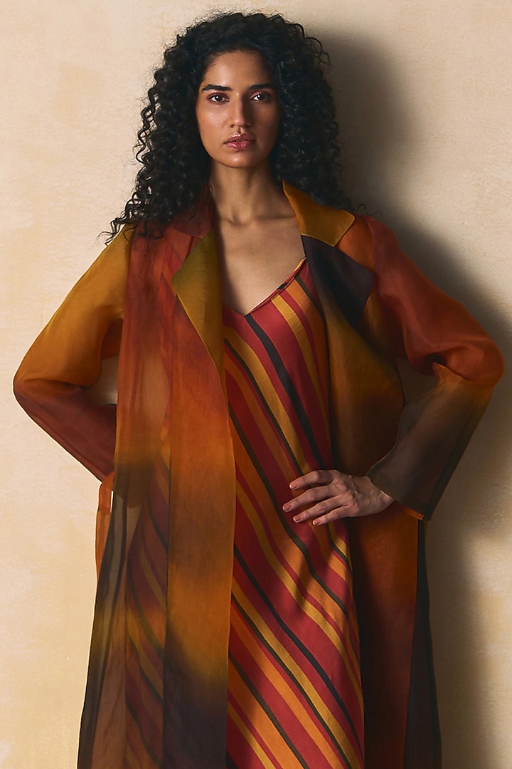Olive & Burnt Orange Organza Overcoat by Zwaan at Pernia's Pop Up Shop