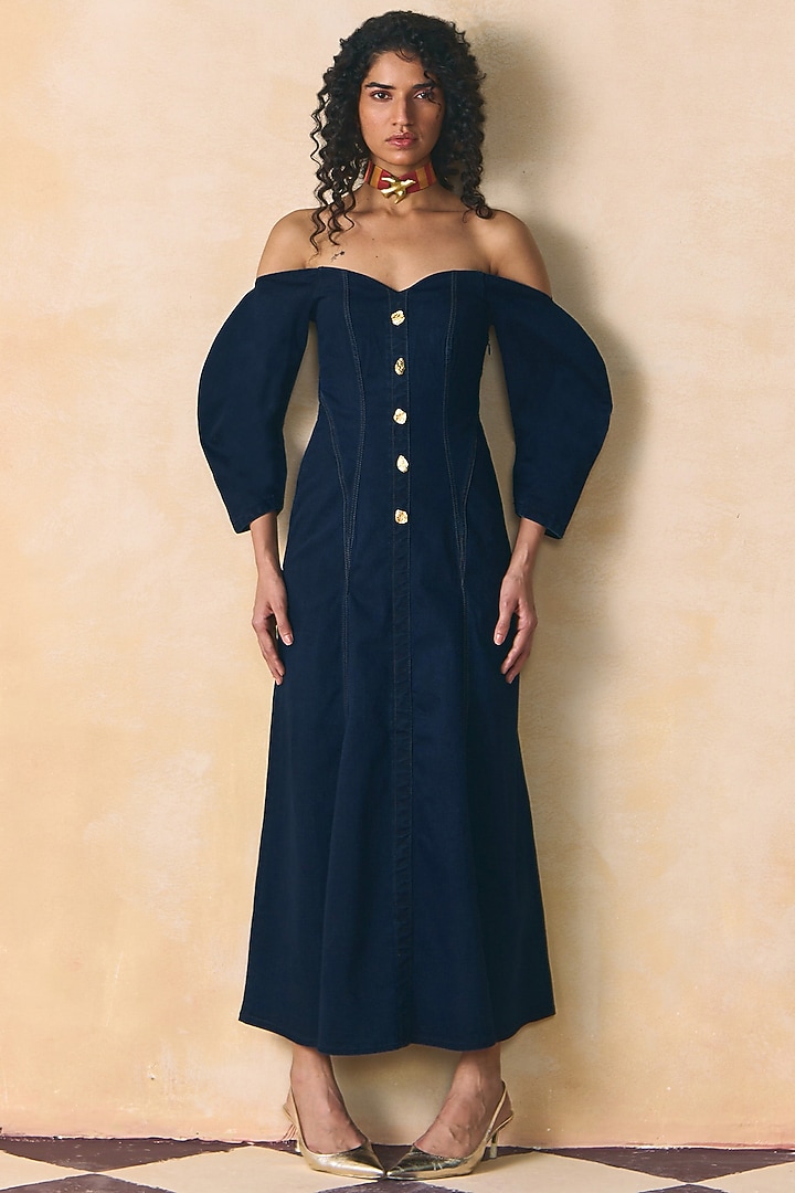 Indigo Elasticated Denim Off-Shoulder Summer Dress by Zwaan at Pernia's Pop Up Shop