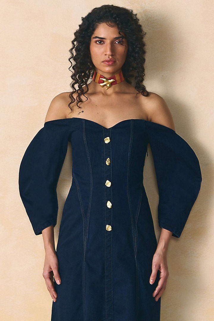 Indigo Elasticated Denim Off-Shoulder Summer Dress by Zwaan at Pernia's Pop Up Shop