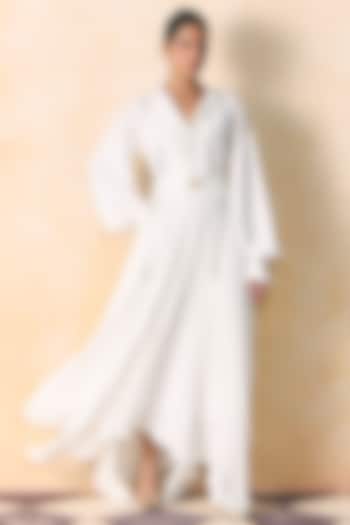 White Poly Crepe Embroidered Vacation Shirt Dress by Zwaan at Pernia's Pop Up Shop