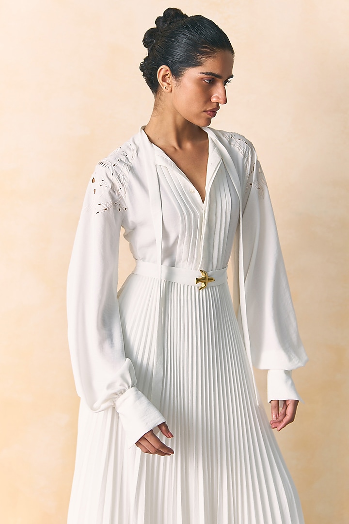 White Poly Crepe Embroidered Vacation Shirt Dress by Zwaan at Pernia's Pop Up Shop